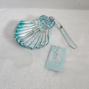 St. Nicholas Square Faux Pearl Glitter Silver Blue Glass Seashell Ornament NWT